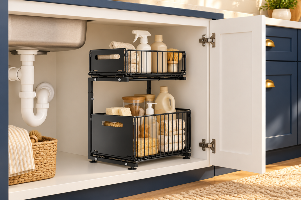 Delunie Two-Tier Pull-Out Cabinet Organizer — Black — styled lifestyle illustration; accessories not included