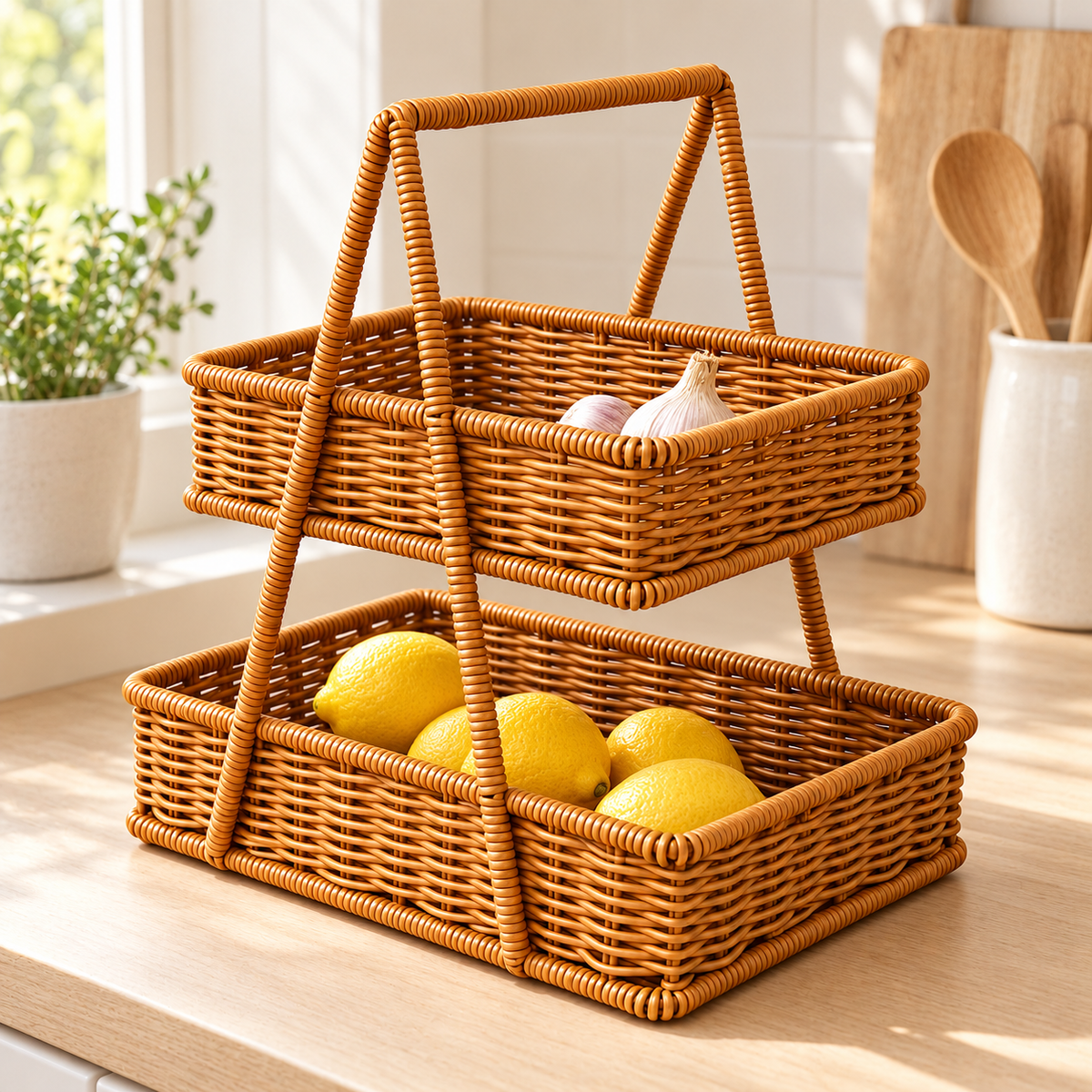Two-Tier Woven Organizer — Honey Brown — styled scene — product illustration