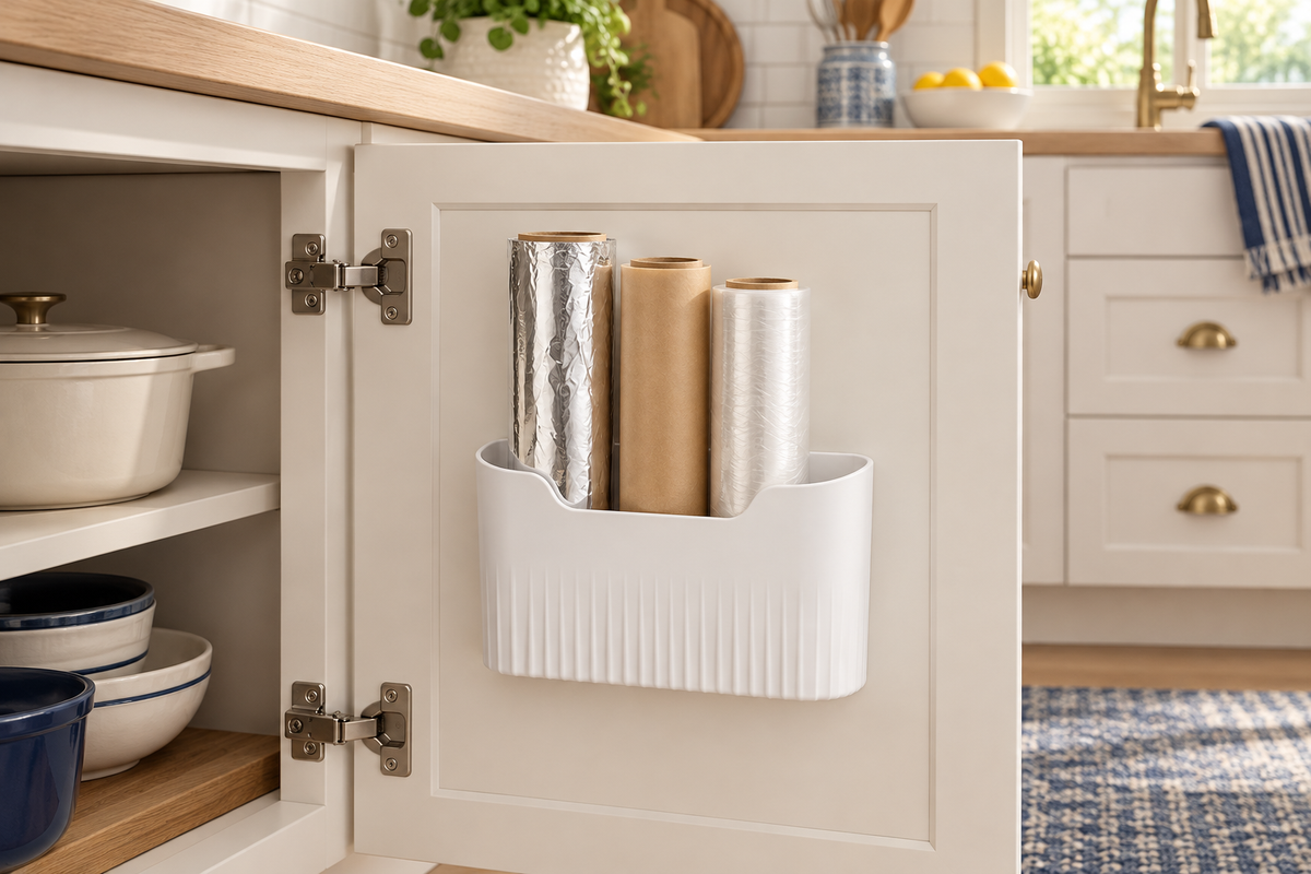 Delunie Cabinet-Door Storage Pocket — White — styled scene — product illustration