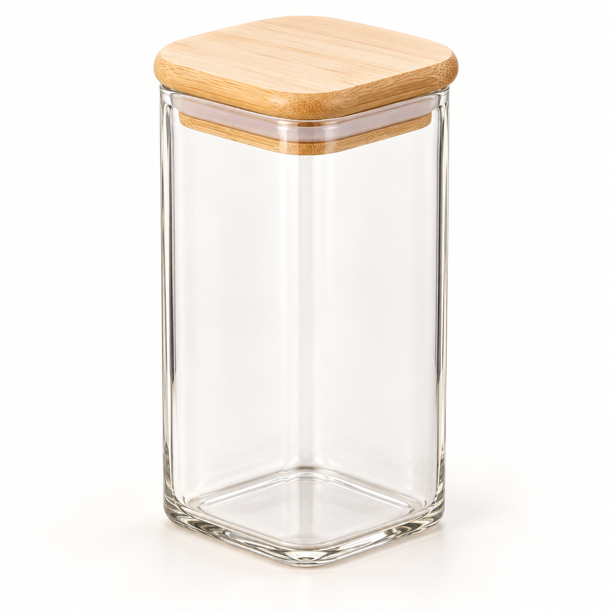 Clear square glass storage jar with a bamboo lid — product illustration