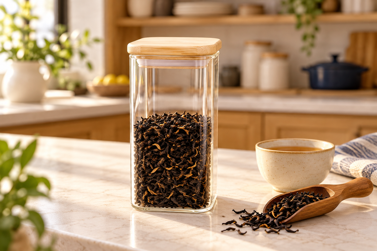 Bamboo-lid glass jar holding loose tea on a kitchen counter — product illustration