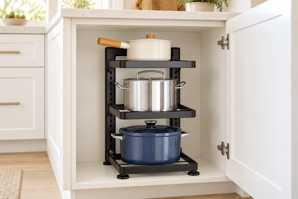 Delunie Three-Tier Cookware Organizer — Black — styled scene — product illustration