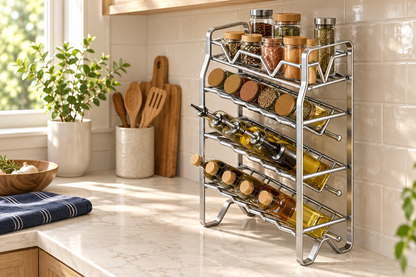 Delunie Four-Level Spice Organizer — Stainless Steel — styled scene — product illustration
