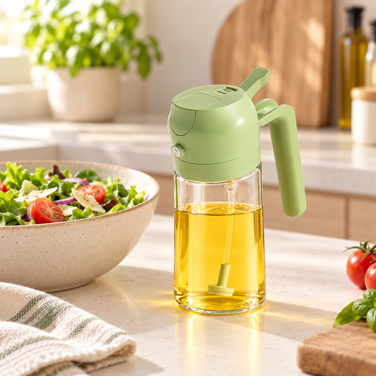 Oil Dispenser — Sage Green — styled scene — product illustration