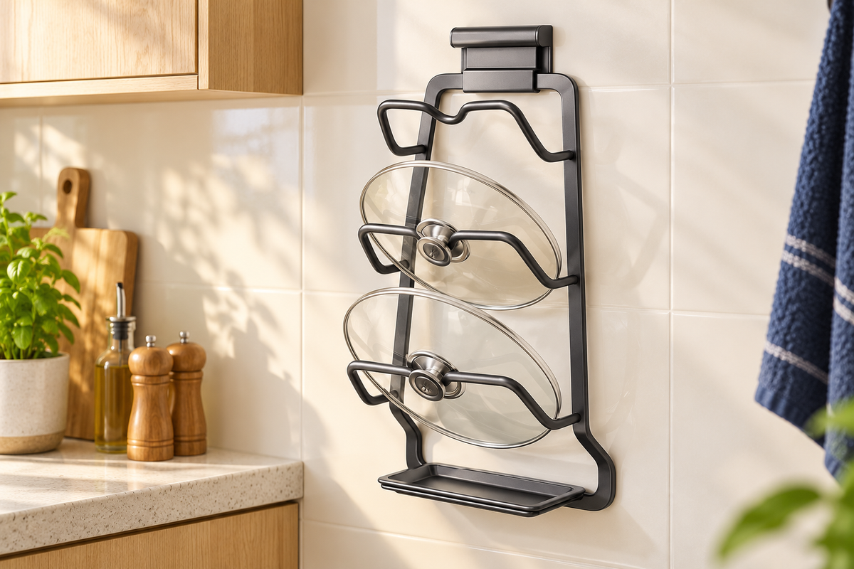 Delunie Wall-Mounted Pot Lid Organizer — Dark Gray — styled scene — product illustration