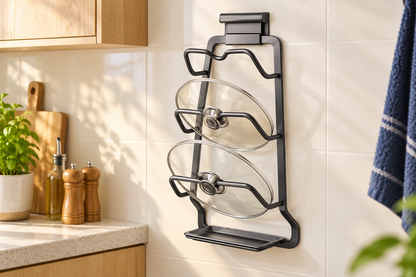 Delunie Wall-Mounted Pot Lid Organizer — Dark Gray — styled scene — product illustration