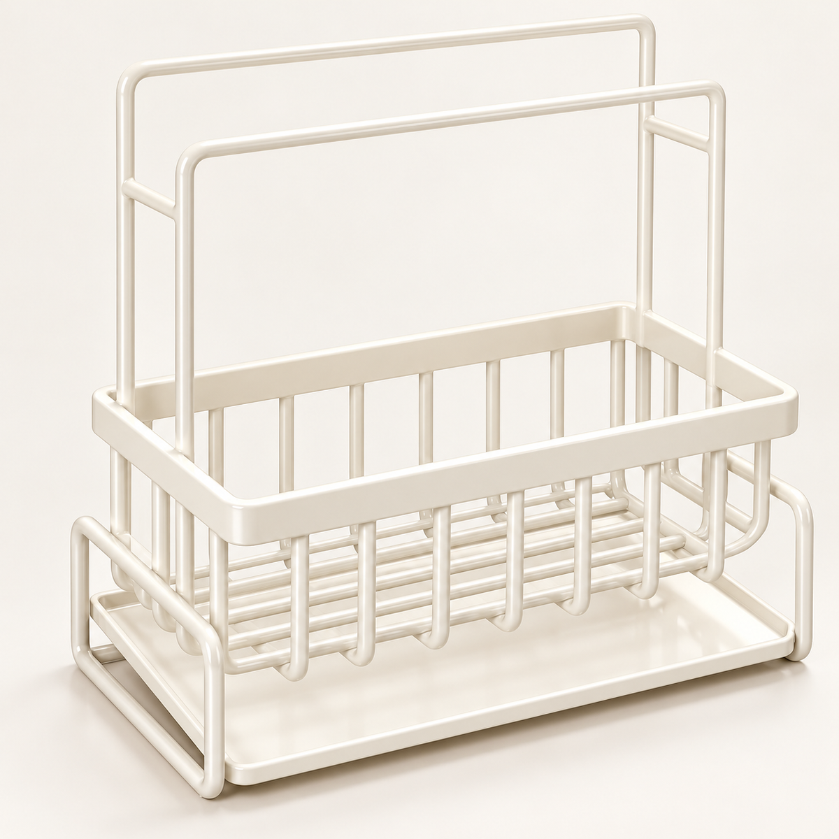 Wire basket and drip tray detail of the cream sink caddy — product illustration