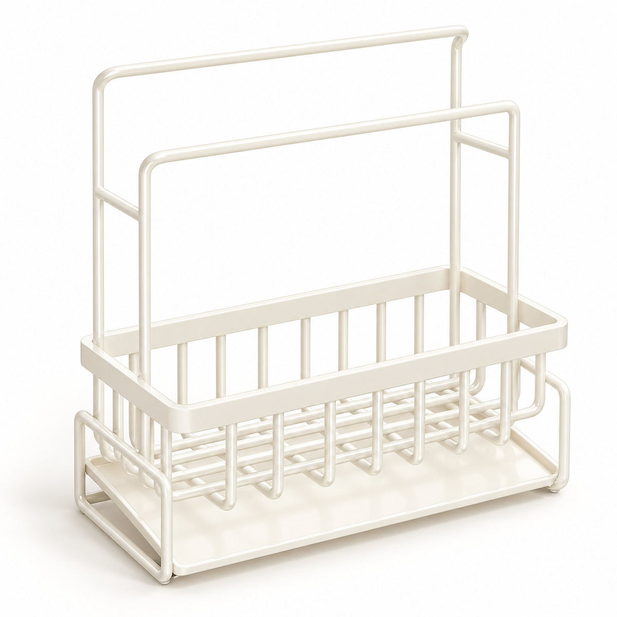 Cream sink caddy with two towel rails and a drip tray — product illustration