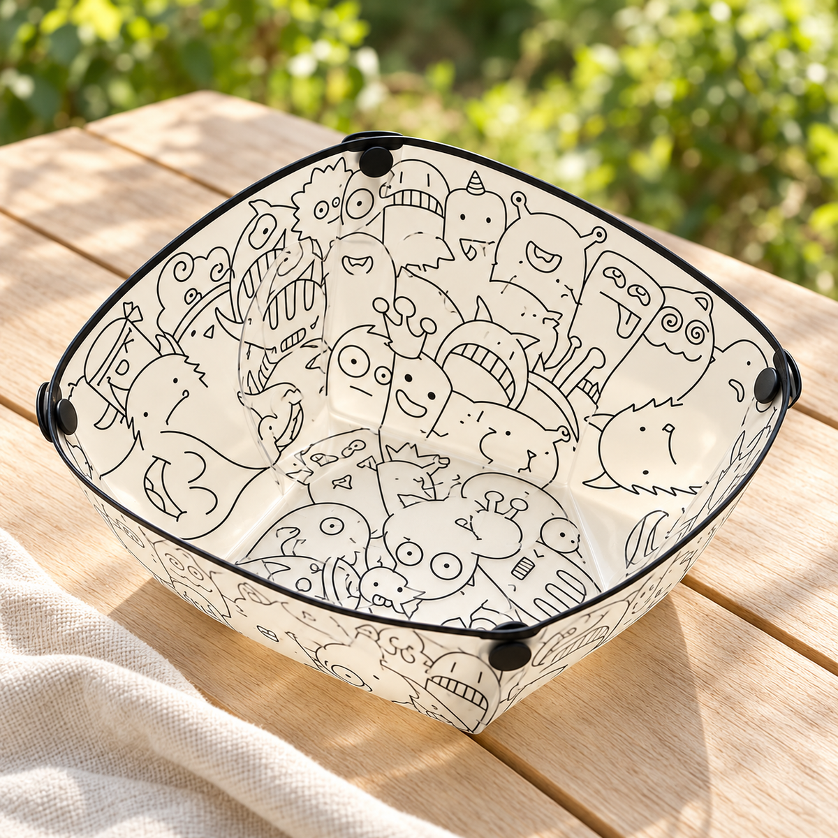 Doodle Print Folding Camping Bowl — styled scene — product illustration