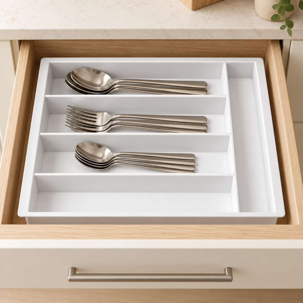 White Five Compartment Cutlery Tray — styled scene — product illustration