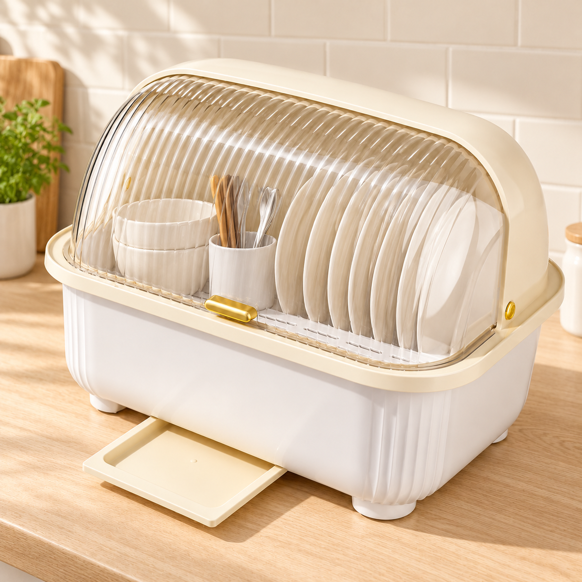 Cream Covered Dish Organizer — styled scene — product illustration